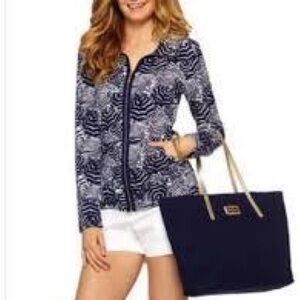 Lilly Pulitzer zip up jacket navy blue and white with Oh Cabana Boy print.